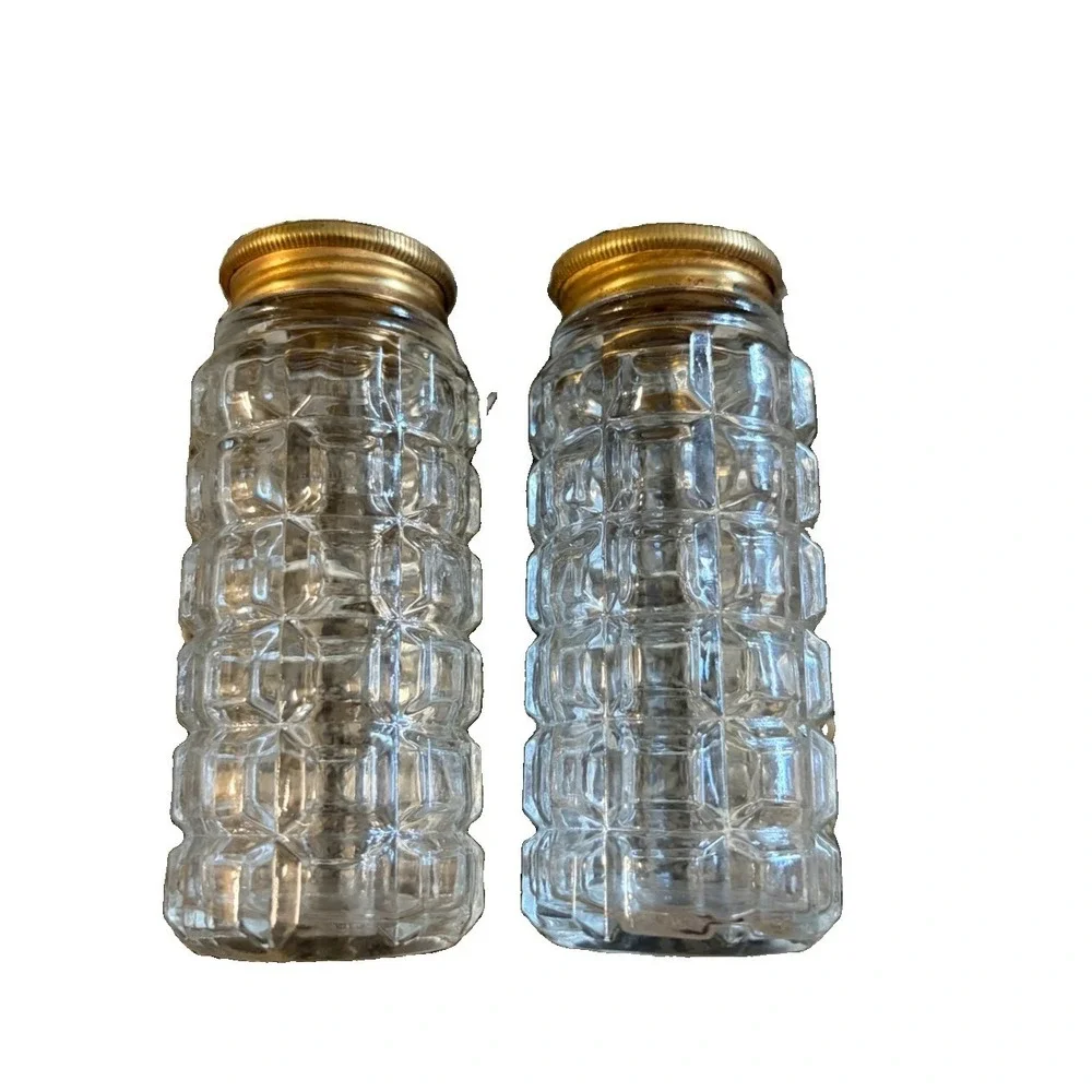 Vintage Hazel Atlas Salt Pepper Shakers Clear Glass Cube Block Gold Lids